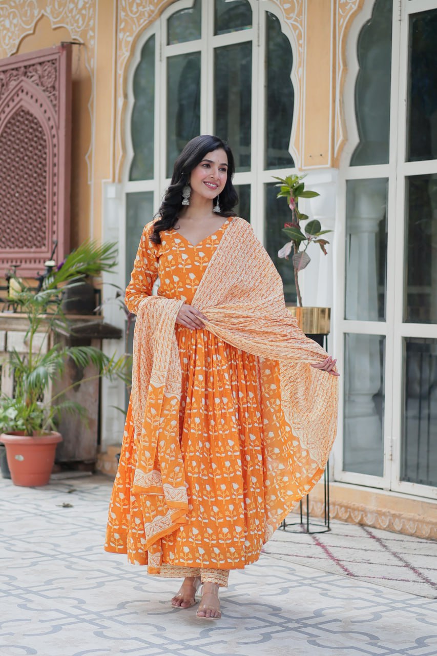 Amazing Classic Orange Color Cotton Fabric Designer Suit