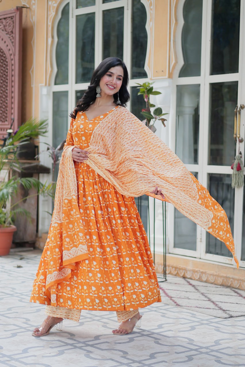 Amazing Classic Orange Color Cotton Fabric Designer Suit