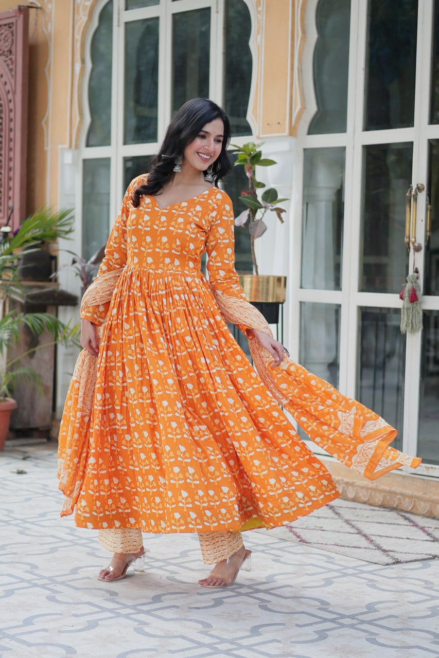 Amazing Classic Orange Color Cotton Fabric Designer Suit