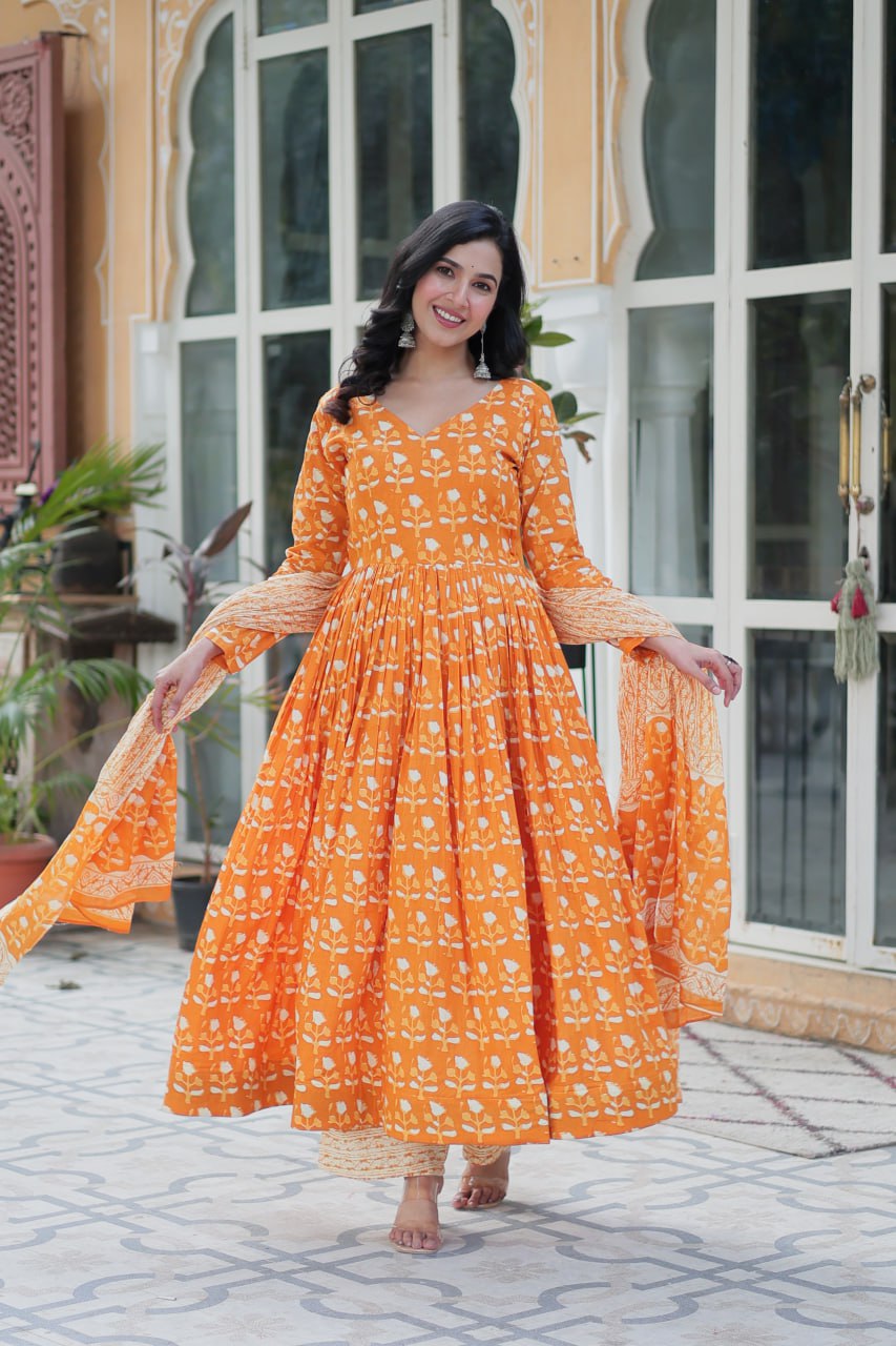 Amazing Classic Orange Color Cotton Fabric Designer Suit