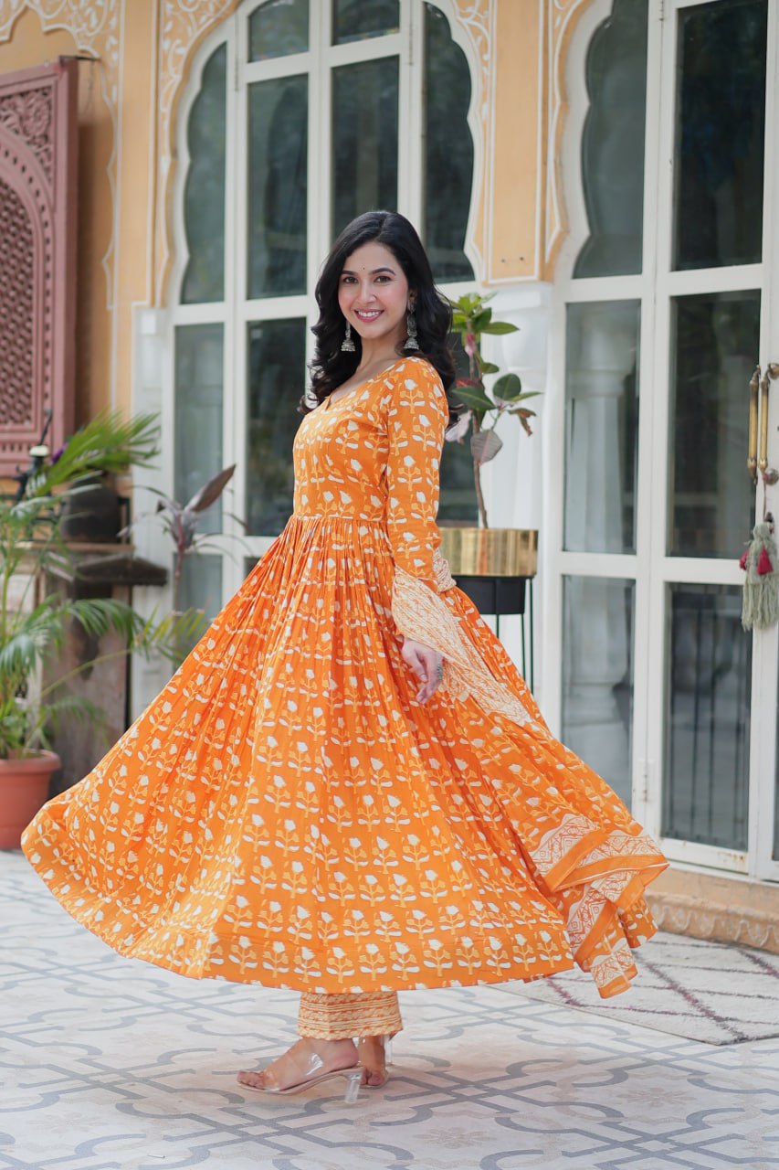 Amazing Classic Orange Color Cotton Fabric Designer Suit