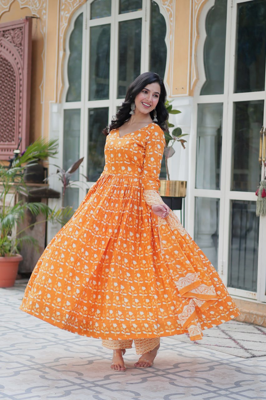Amazing Classic Orange Color Cotton Fabric Designer Suit