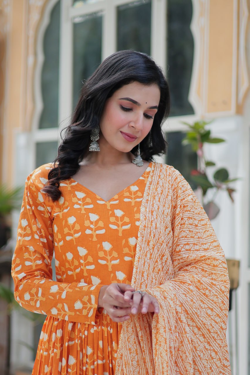 Amazing Classic Orange Color Cotton Fabric Designer Suit
