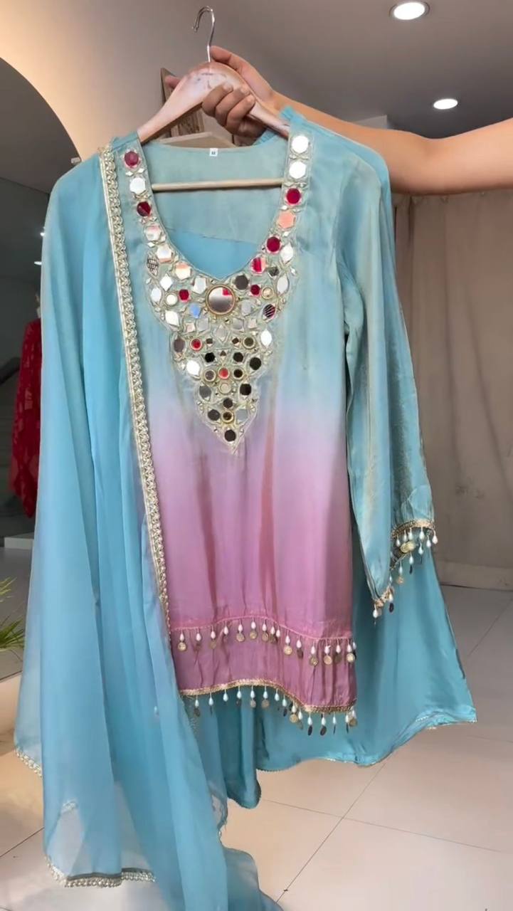 Mirror Muse, Handwork Top with Flared Plazo & Dupatta