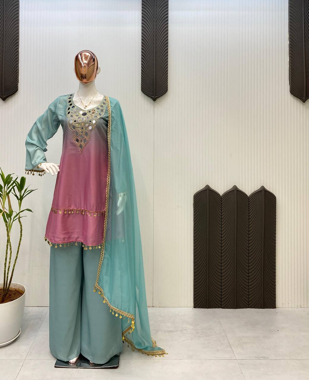 Mirror Muse, Handwork Top with Flared Plazo & Dupatta