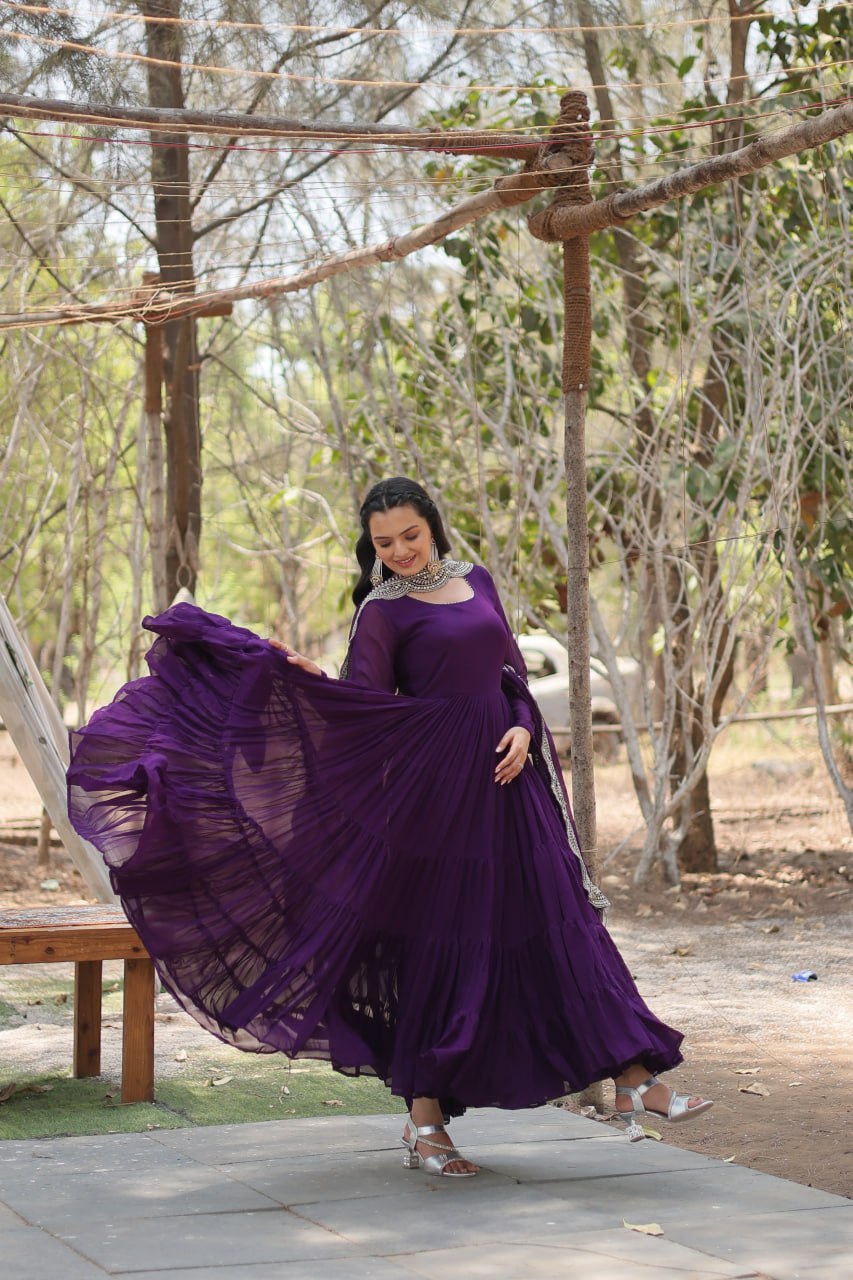 Stylish Faux Georgette Flair Gown with Matching Designer Dupatta
