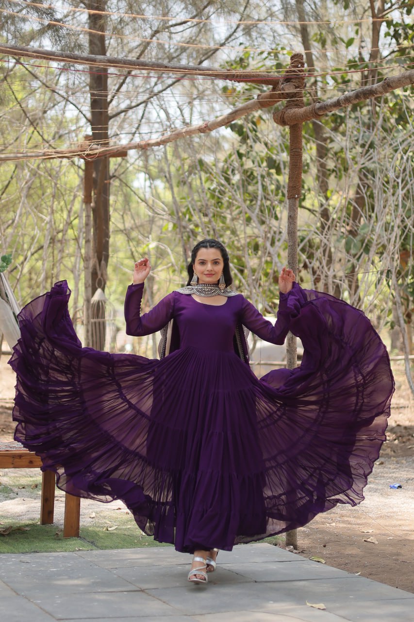 Stylish Faux Georgette Flair Gown with Matching Designer Dupatta