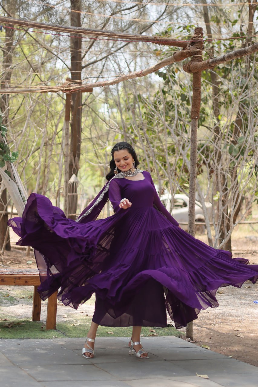 Stylish Faux Georgette Flair Gown with Matching Designer Dupatta