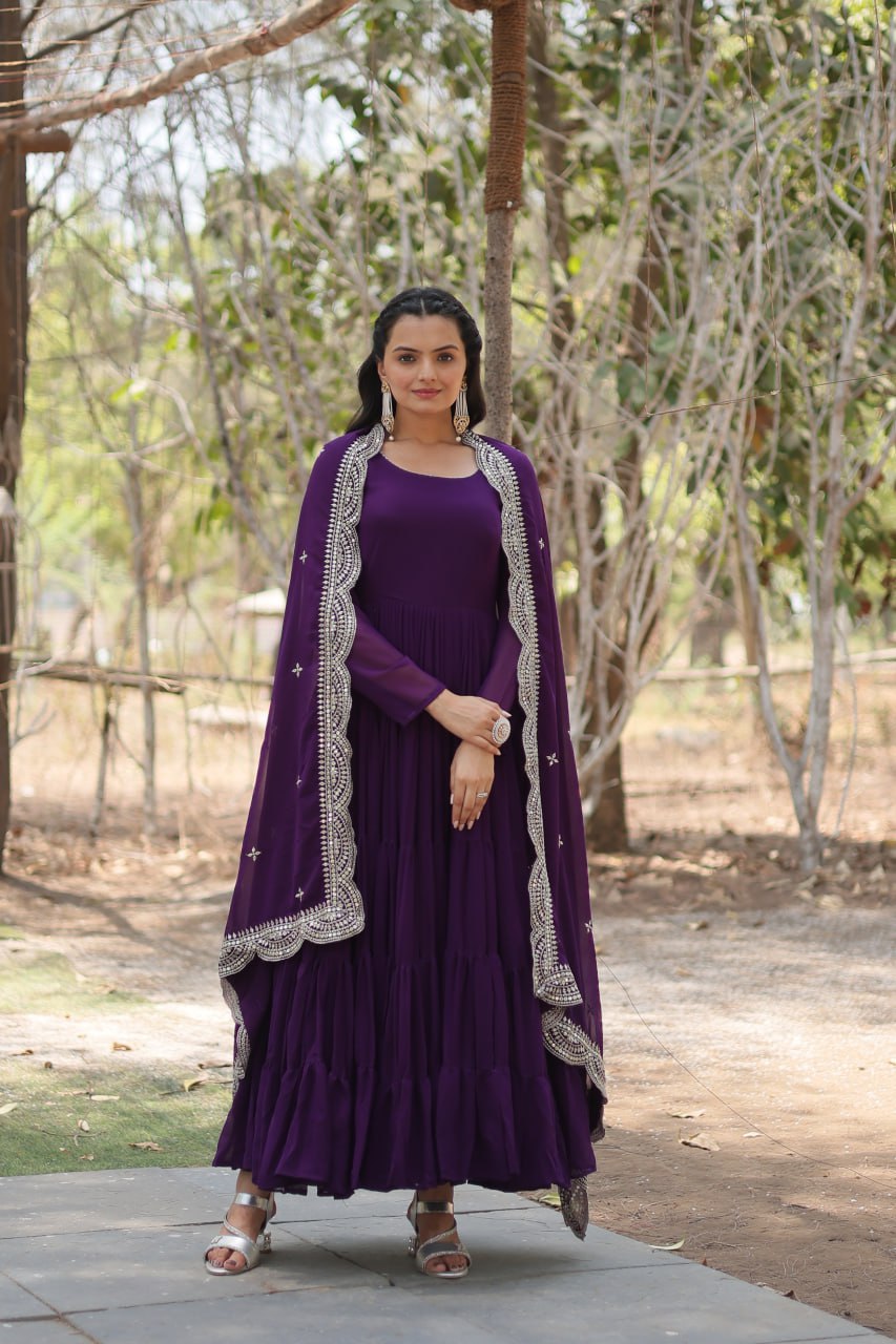 Stylish Faux Georgette Flair Gown with Matching Designer Dupatta