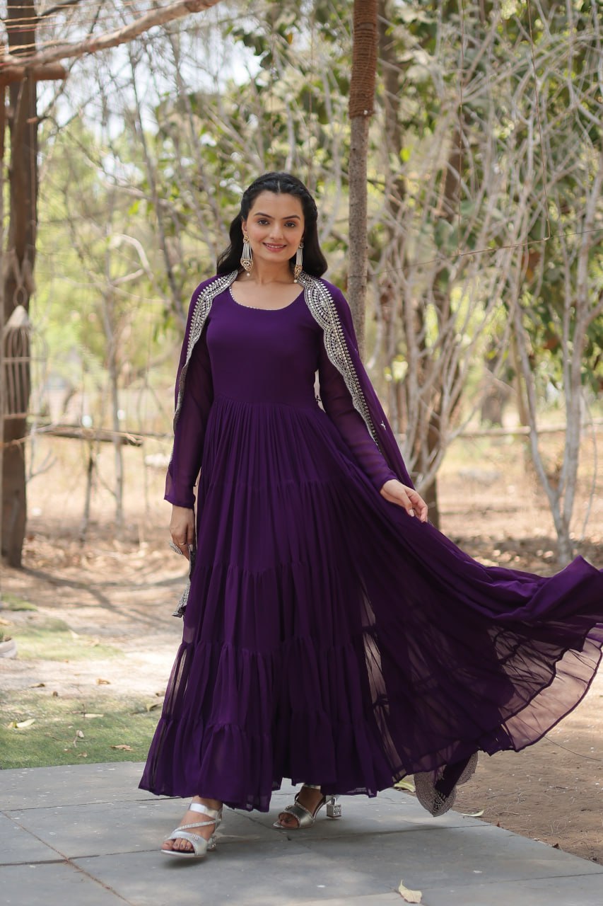 Stylish Faux Georgette Flair Gown with Matching Designer Dupatta
