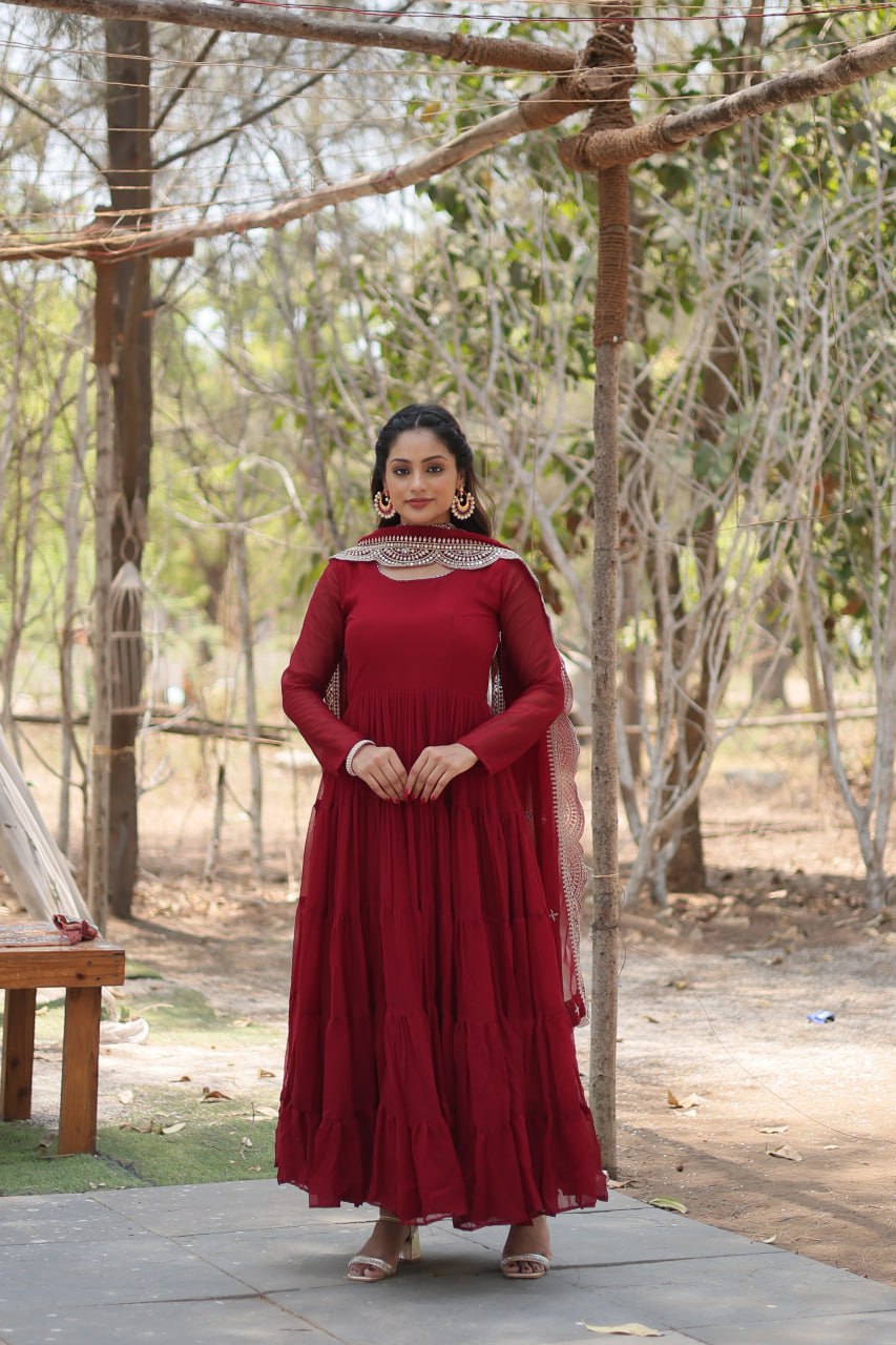 Stylish Faux Georgette Flair Gown with Matching Designer Dupatta