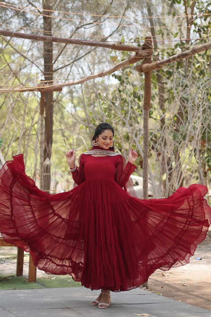 Stylish Faux Georgette Flair Gown with Matching Designer Dupatta