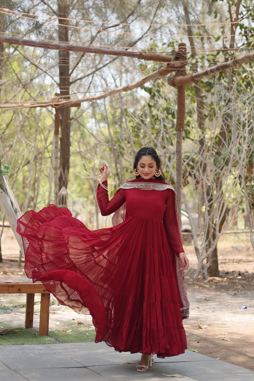 Stylish Faux Georgette Flair Gown with Matching Designer Dupatta
