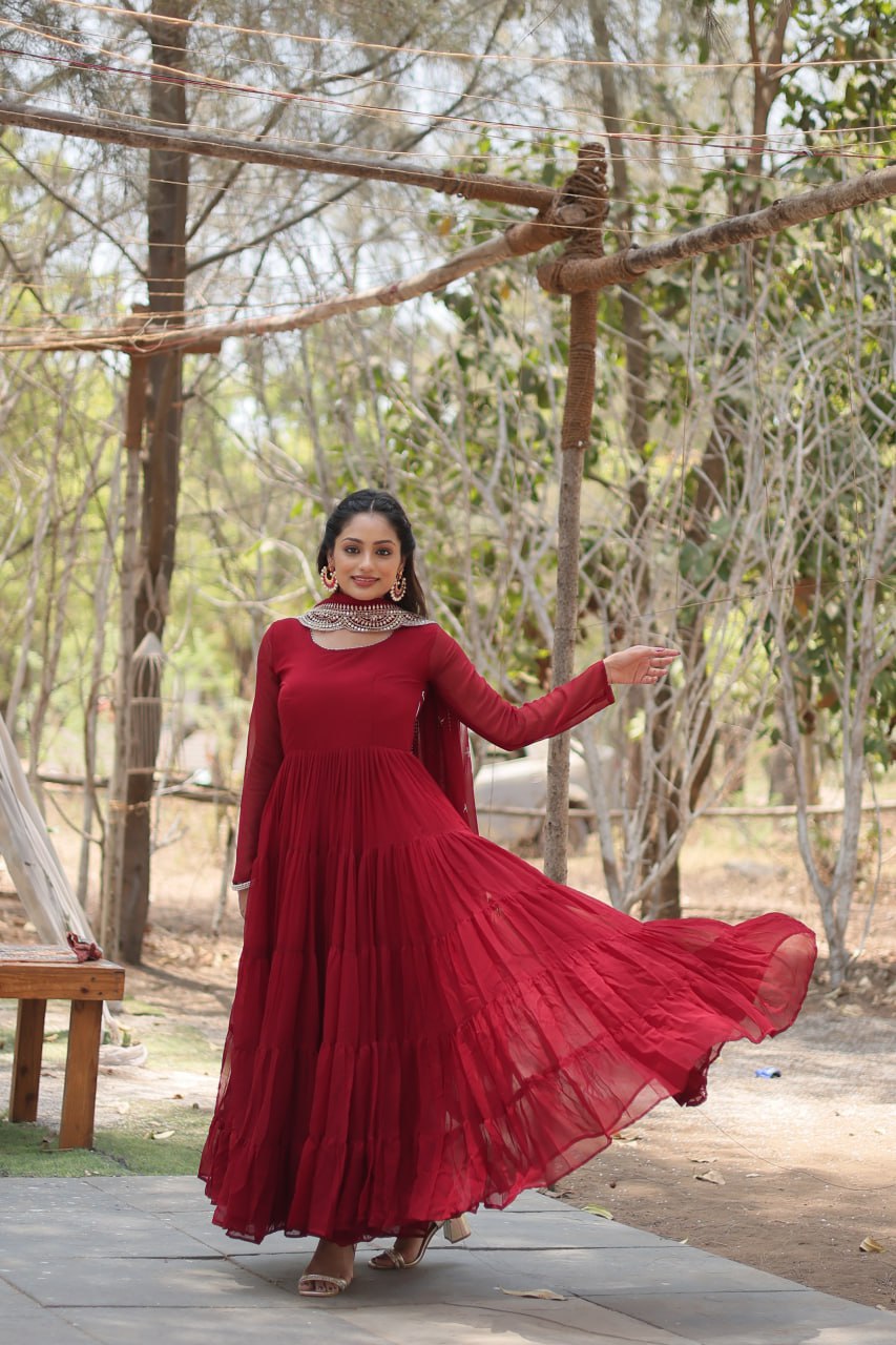 Stylish Faux Georgette Flair Gown with Matching Designer Dupatta