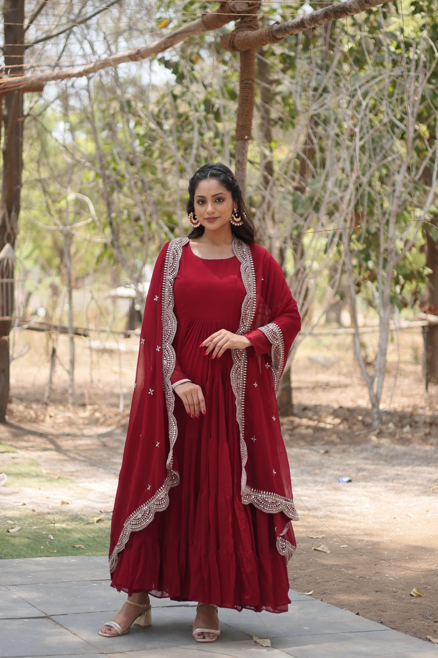 Stylish Faux Georgette Flair Gown with Matching Designer Dupatta