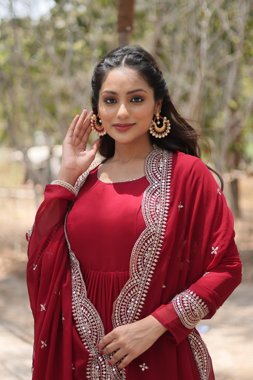 Stylish Faux Georgette Flair Gown with Matching Designer Dupatta