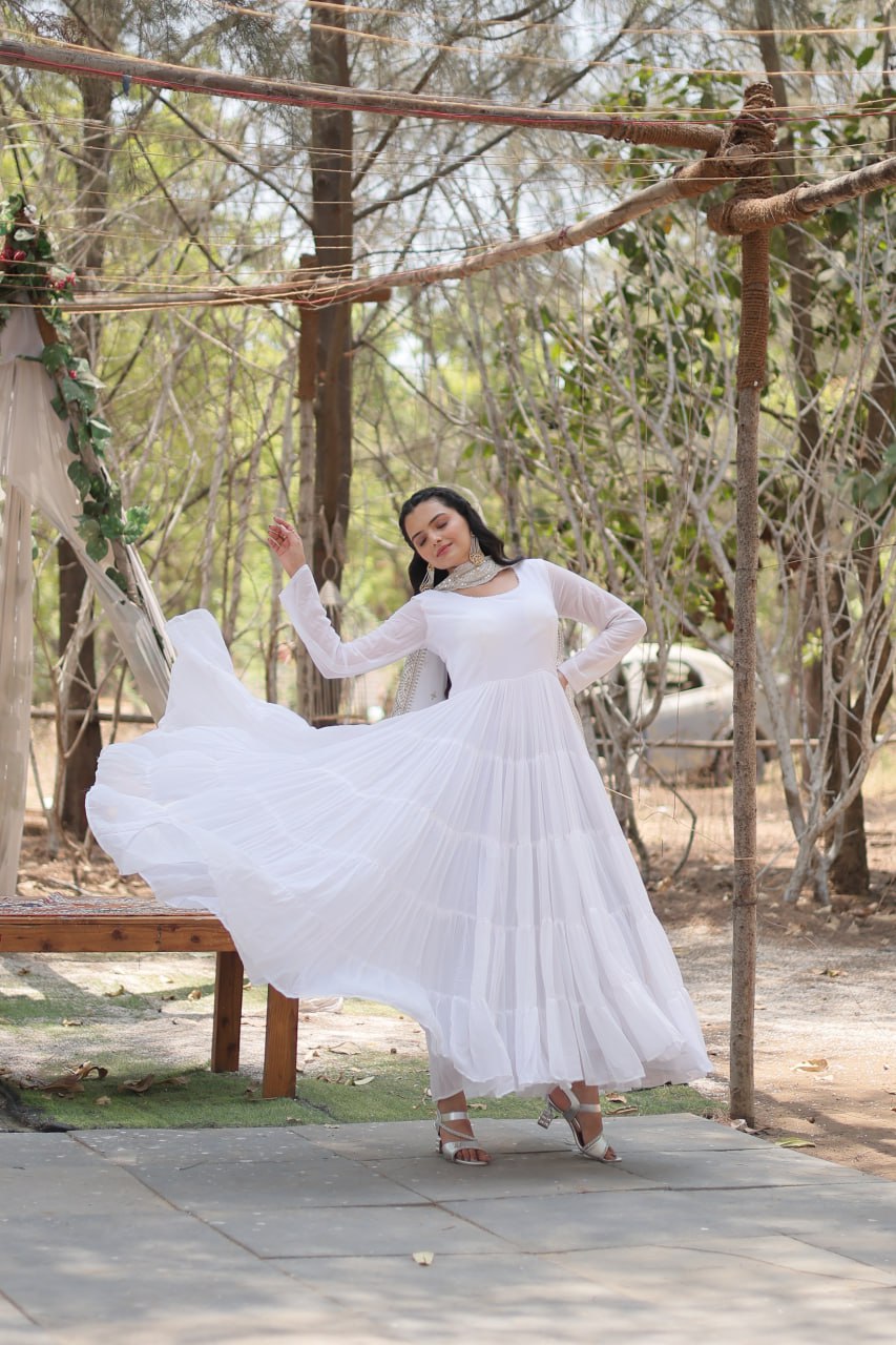 Stylish Faux Georgette Flair Gown with Matching Designer Dupatta
