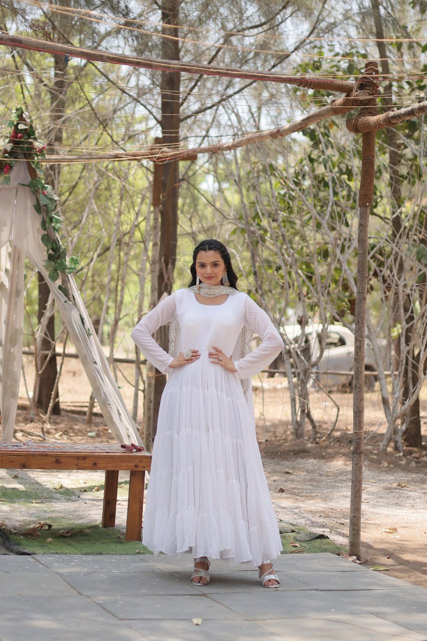 Stylish Faux Georgette Flair Gown with Matching Designer Dupatta