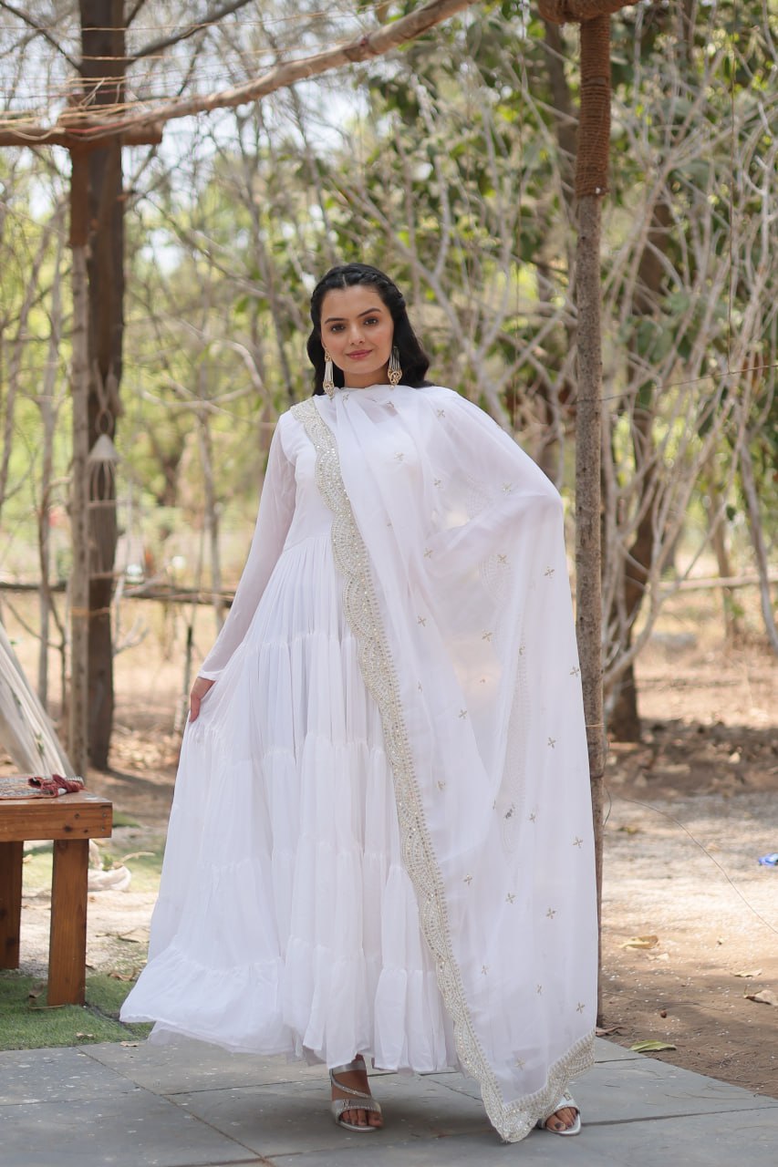 Stylish Faux Georgette Flair Gown with Matching Designer Dupatta