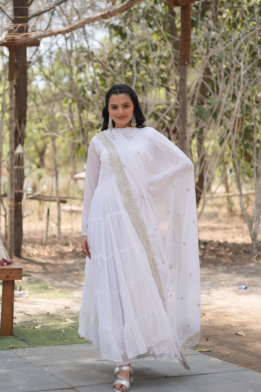 Stylish Faux Georgette Flair Gown with Matching Designer Dupatta