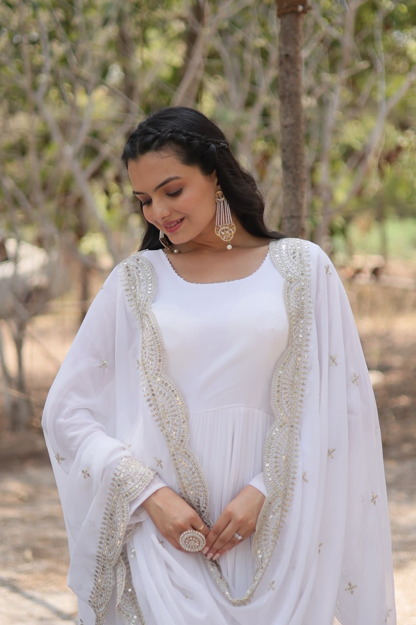 Stylish Faux Georgette Flair Gown with Matching Designer Dupatta