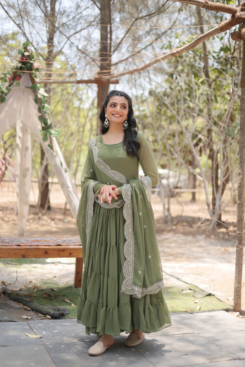 Stylish Faux Georgette Flair Gown with Matching Designer Dupatta