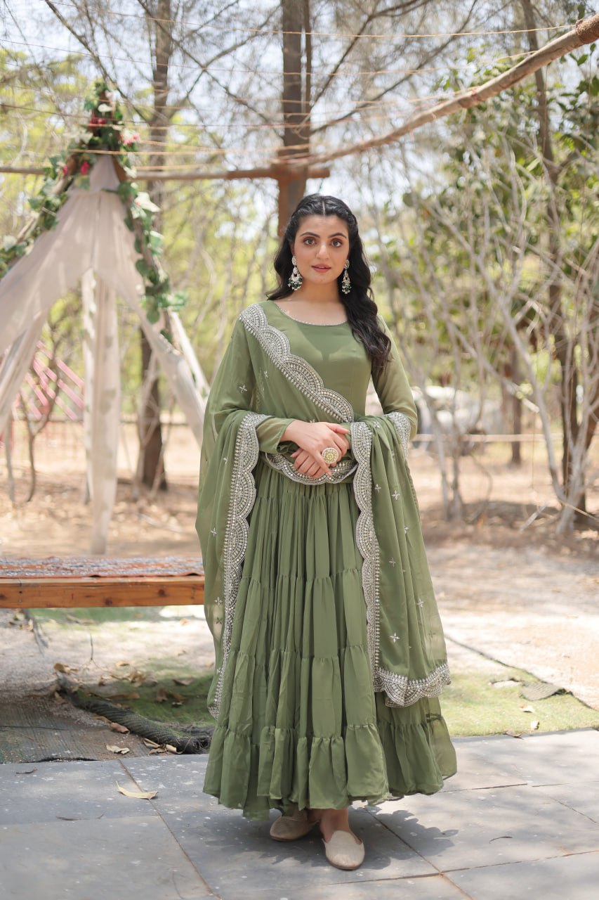 Stylish Faux Georgette Flair Gown with Matching Designer Dupatta