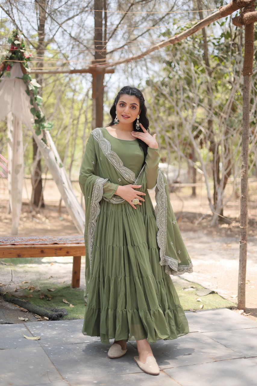 Stylish Faux Georgette Flair Gown with Matching Designer Dupatta