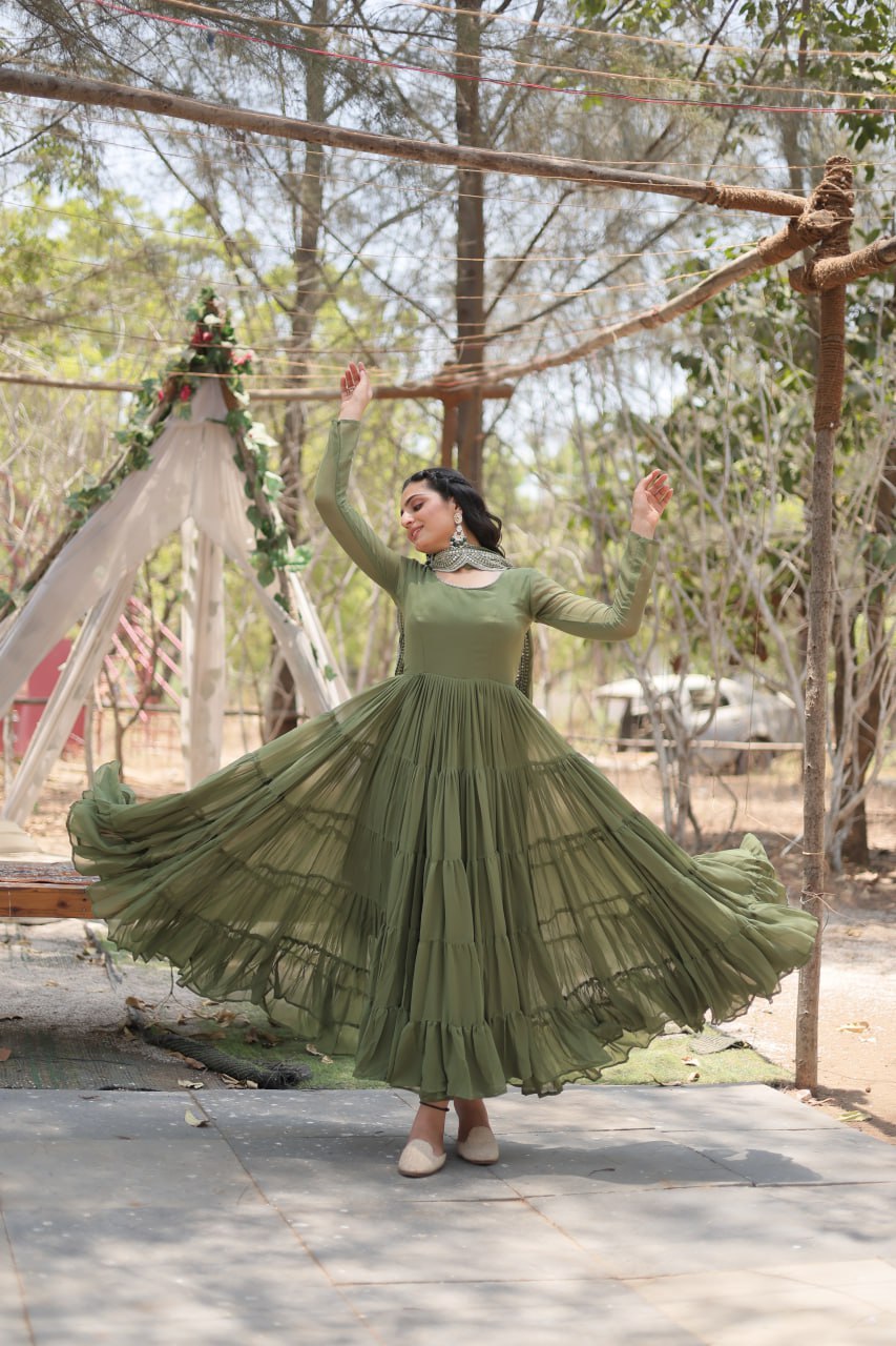 Stylish Faux Georgette Flair Gown with Matching Designer Dupatta