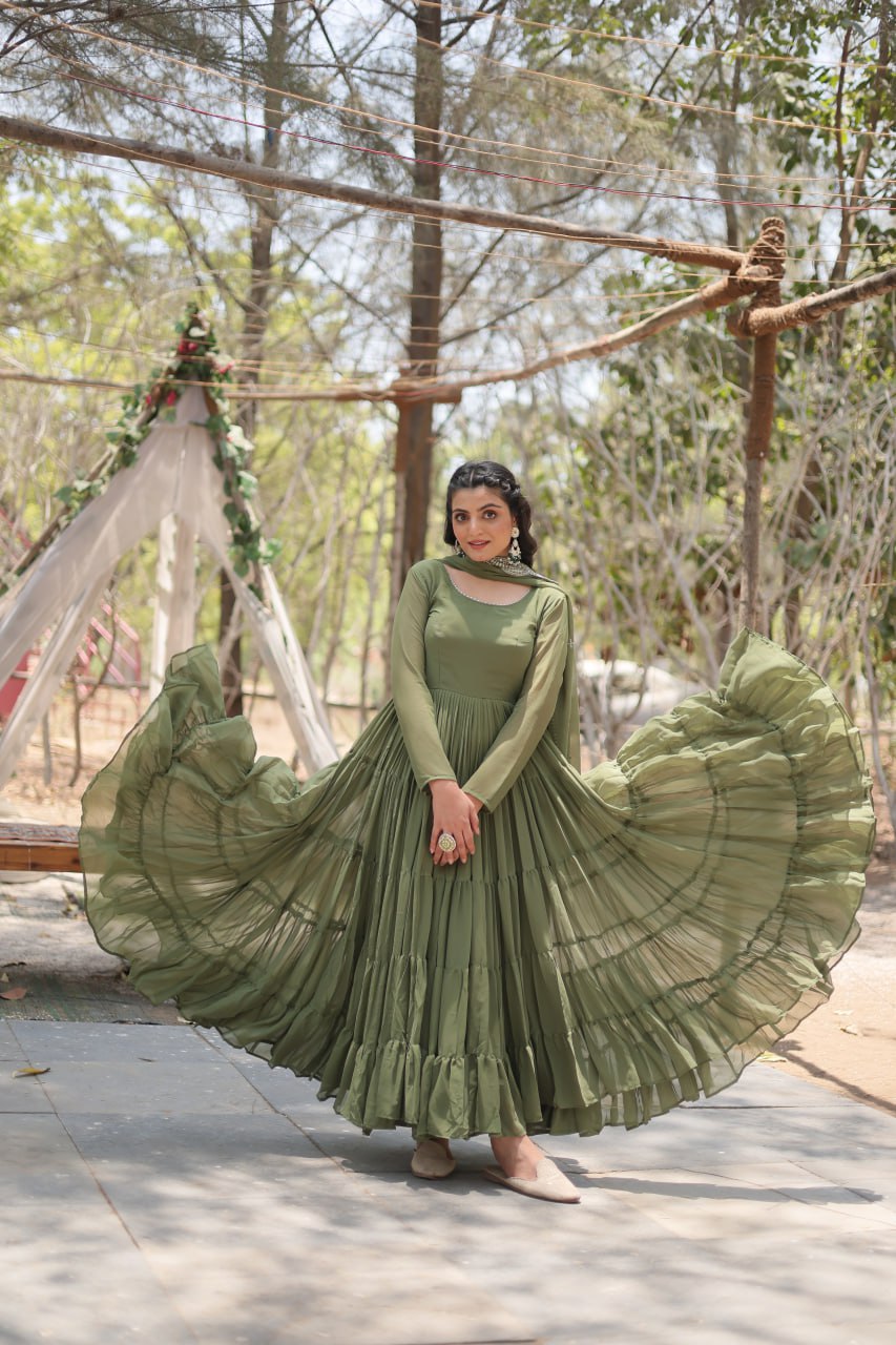 Stylish Faux Georgette Flair Gown with Matching Designer Dupatta