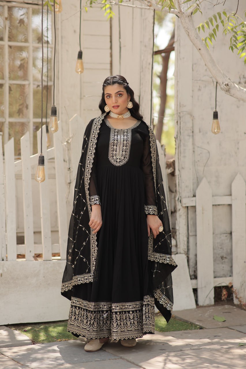 Long Flair Gown with Faux Blooming Fabric and Heavy Sequin Work