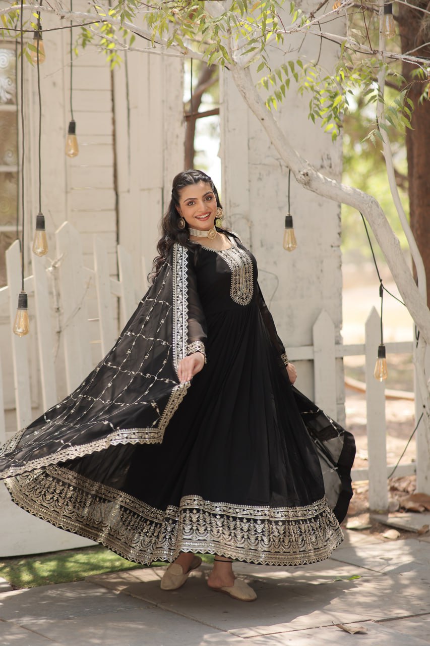 Long Flair Gown with Faux Blooming Fabric and Heavy Sequin Work