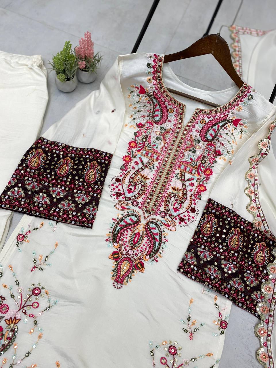 Stylish Partywear Plazzo Suit with Fancy Sequence Detailing