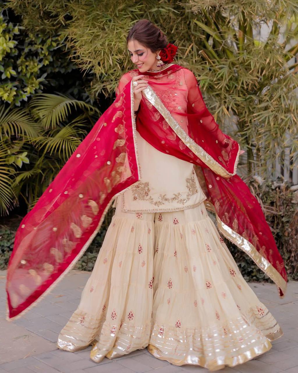 Luxury Three-Piece Sarara Suit with Intricate Sequence Embroidery