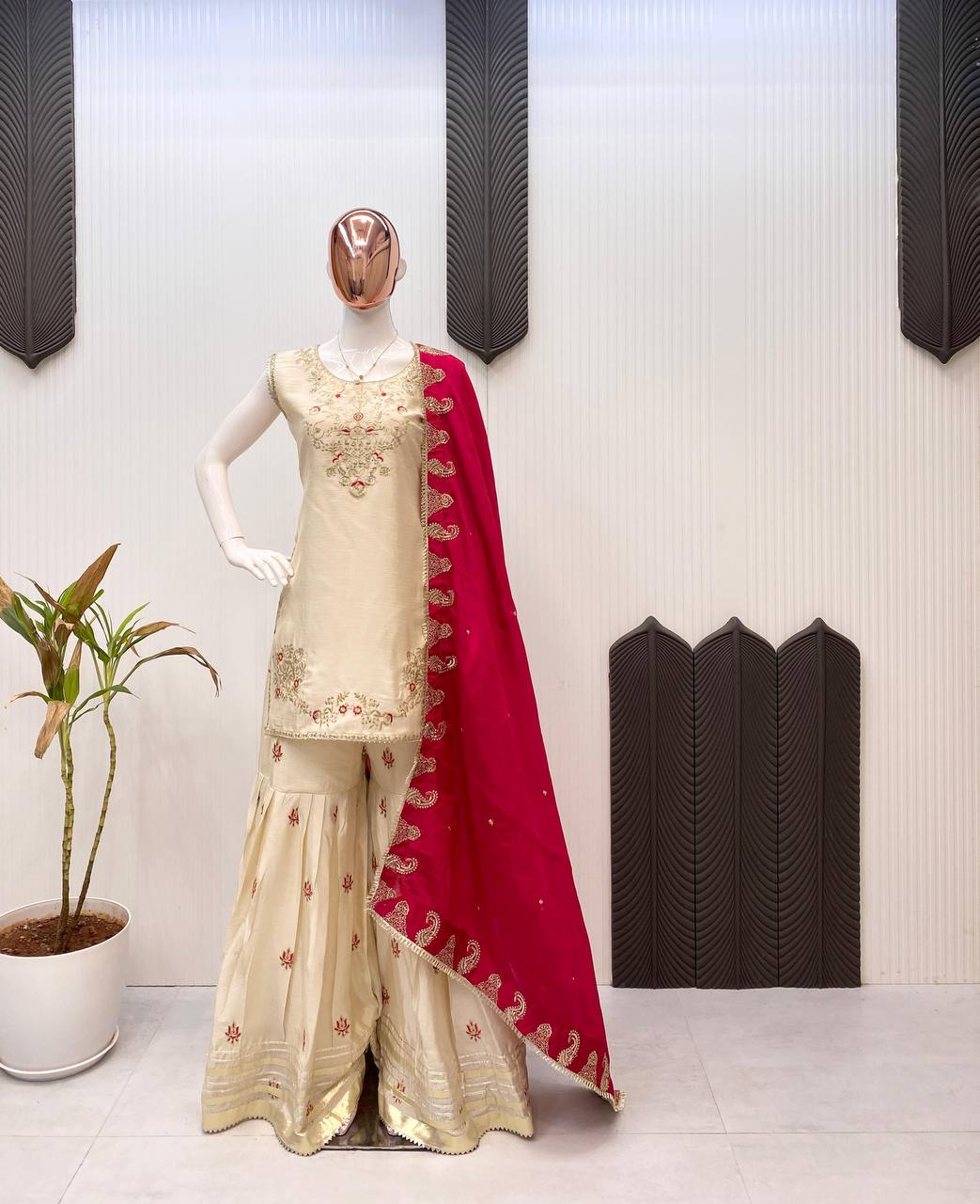 Luxury Three-Piece Sarara Suit with Intricate Sequence Embroidery