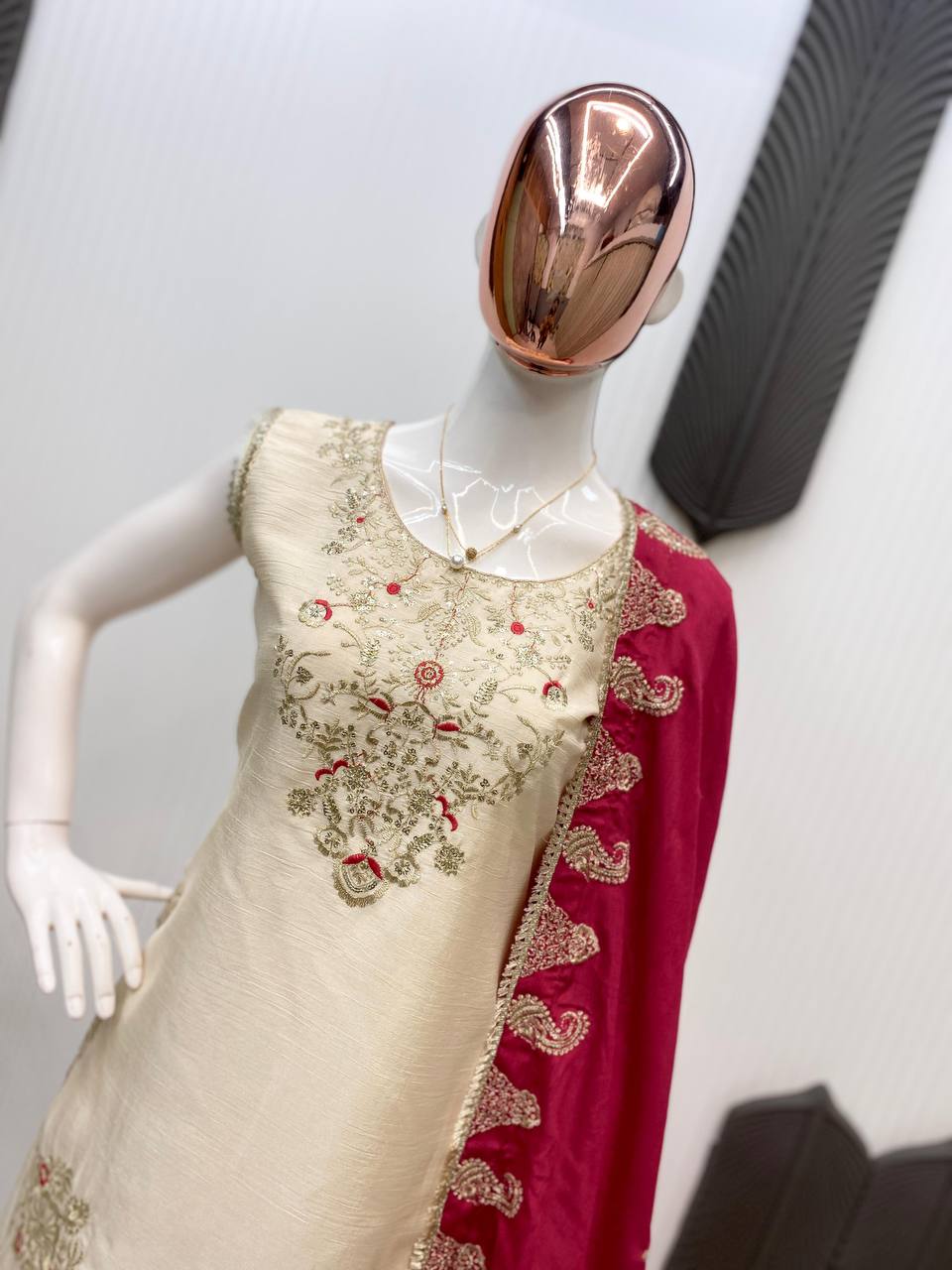 Luxury Three-Piece Sarara Suit with Intricate Sequence Embroidery