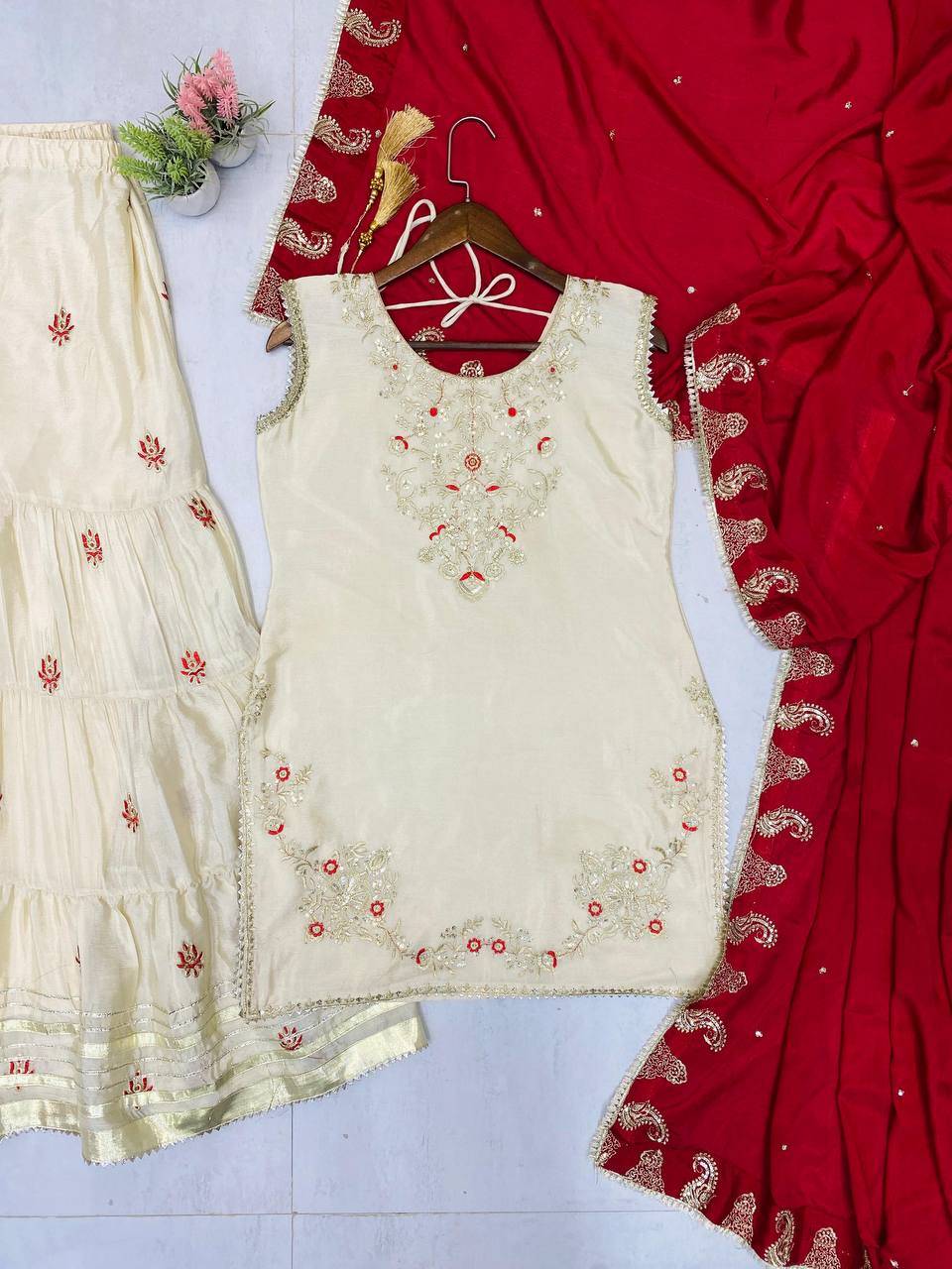 Luxury Three-Piece Sarara Suit with Intricate Sequence Embroidery