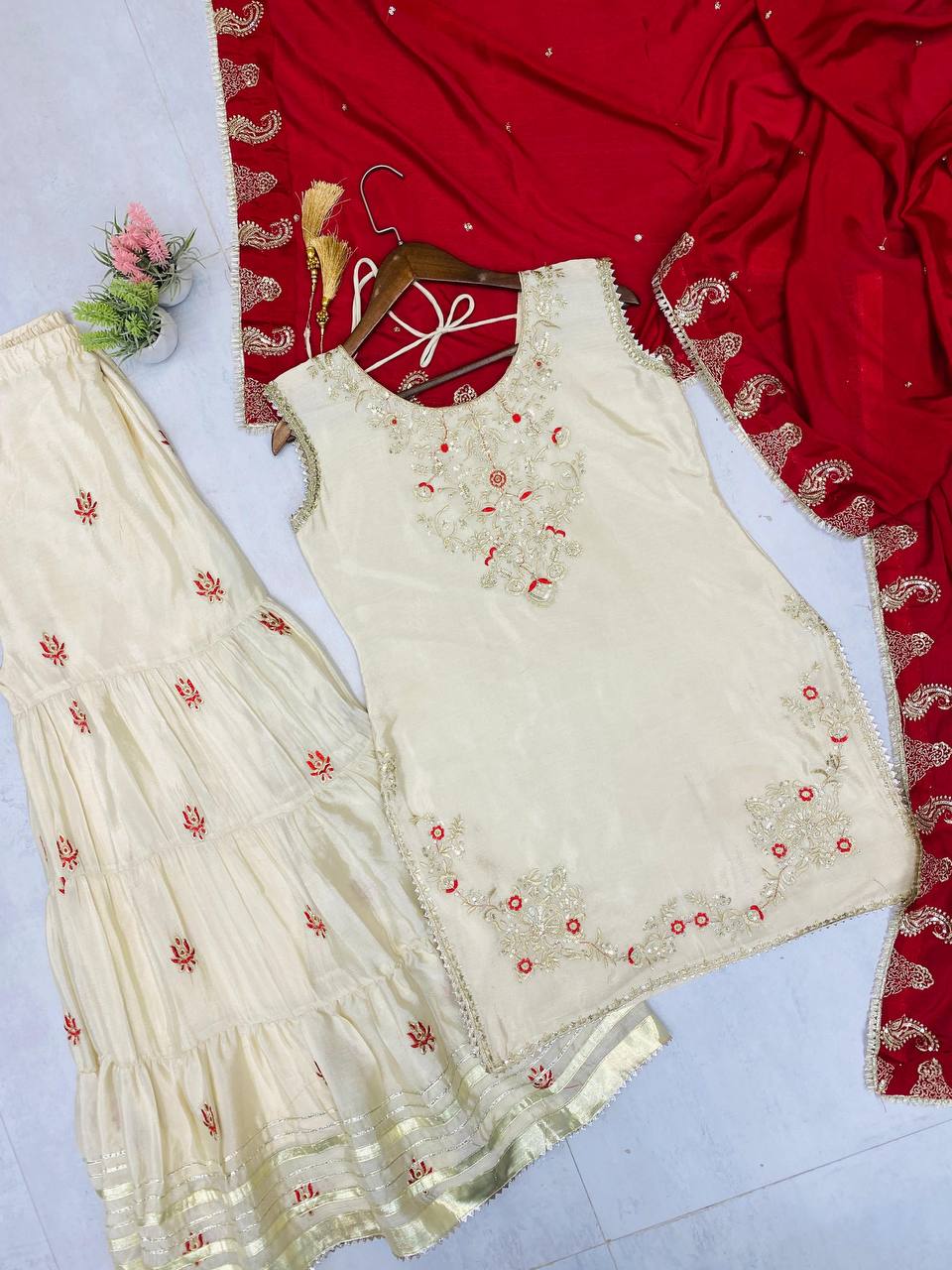 Luxury Three-Piece Sarara Suit with Intricate Sequence Embroidery