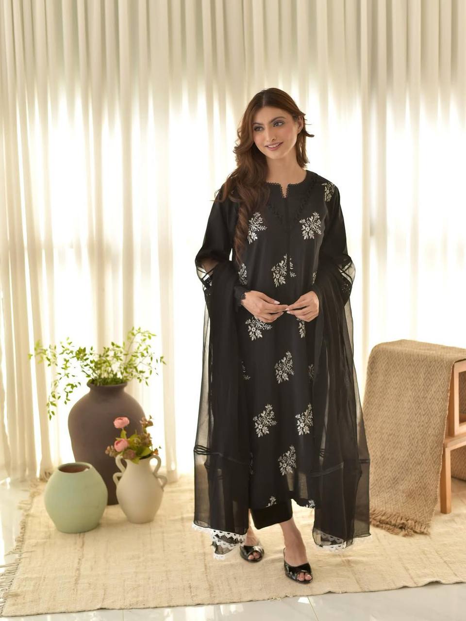 Premium Roman Silk Suit with Silver Chiffon Dupatta