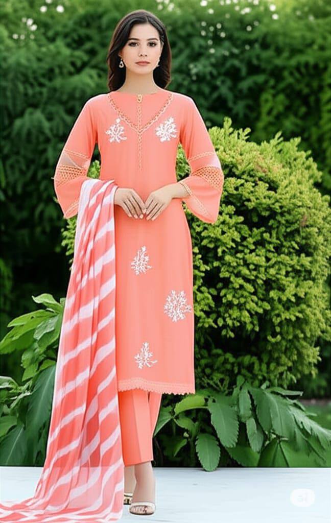 Premium Roman Silk Suit with Silver Chiffon Dupatta