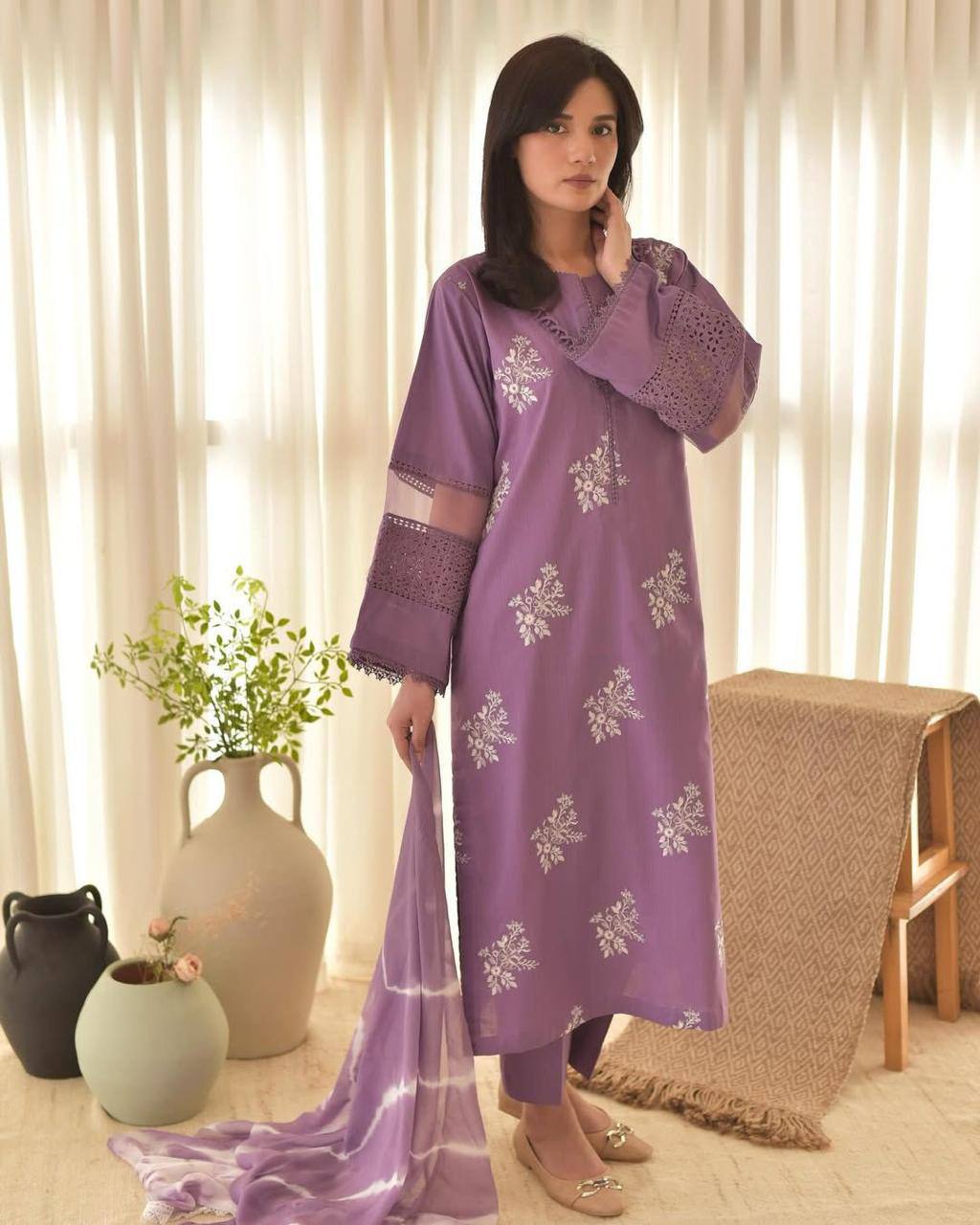 Premium Roman Silk Suit with Silver Chiffon Dupatta