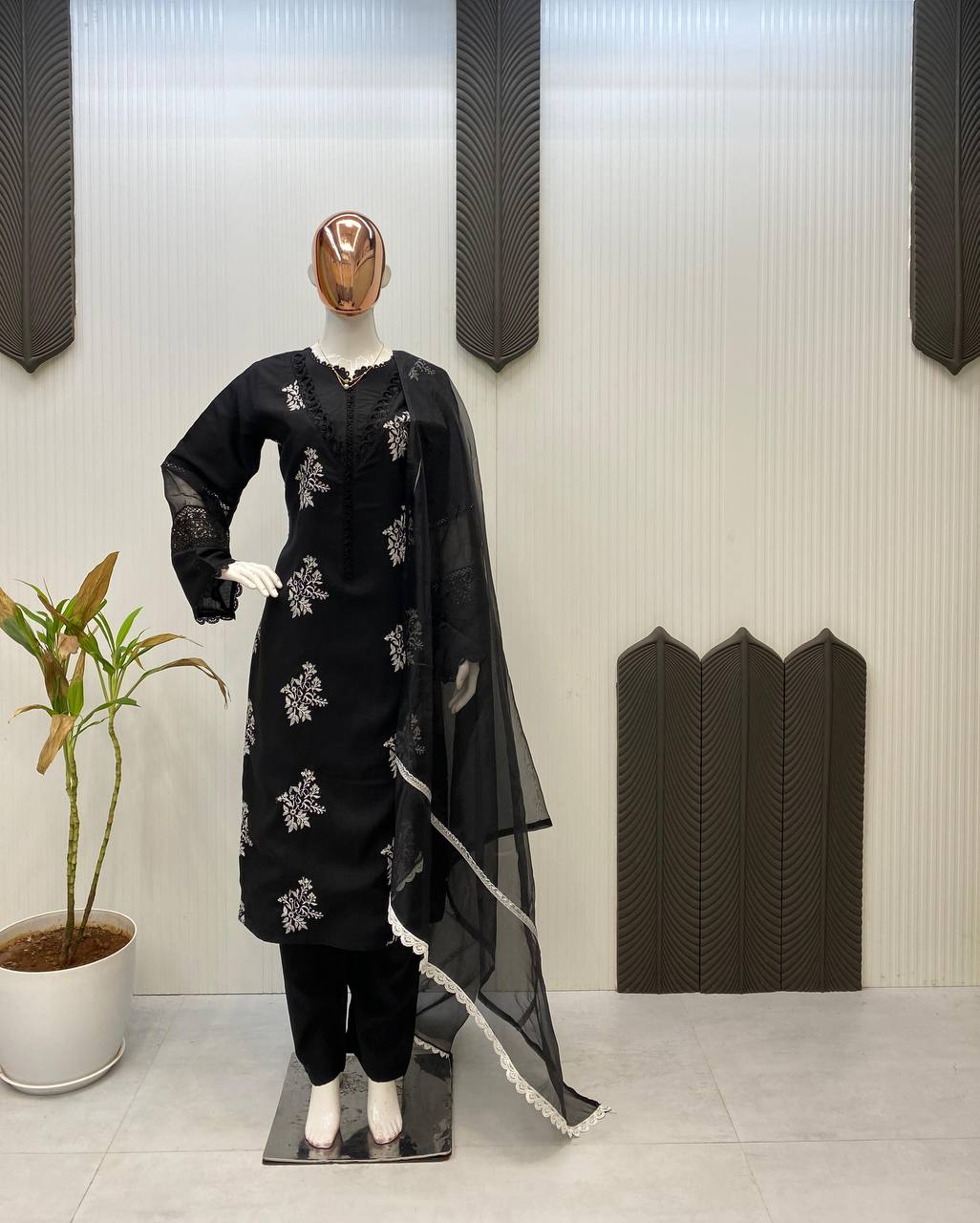 Premium Roman Silk Suit with Silver Chiffon Dupatta