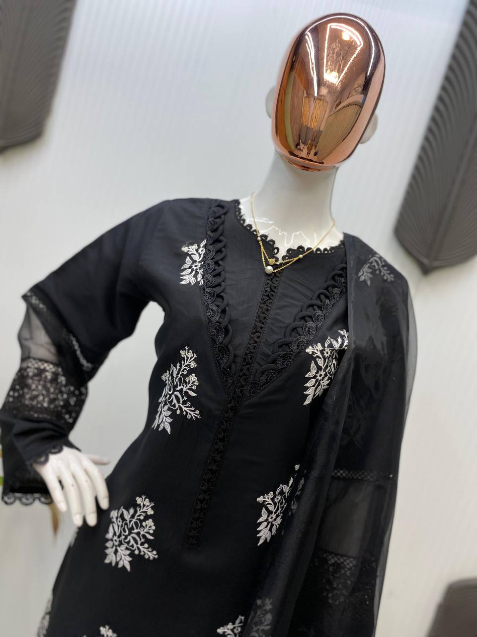 Premium Roman Silk Suit with Silver Chiffon Dupatta