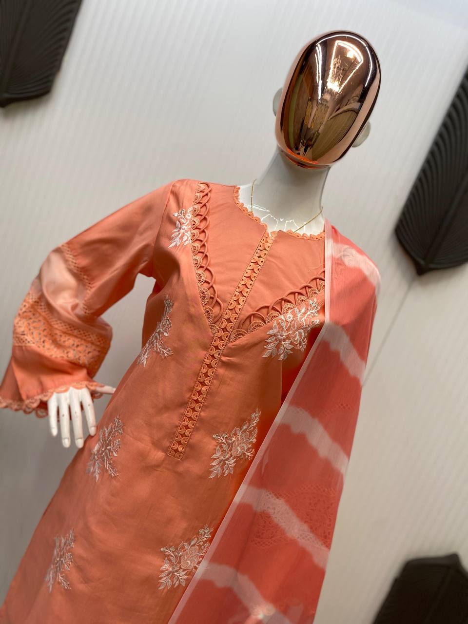 Premium Roman Silk Suit with Silver Chiffon Dupatta