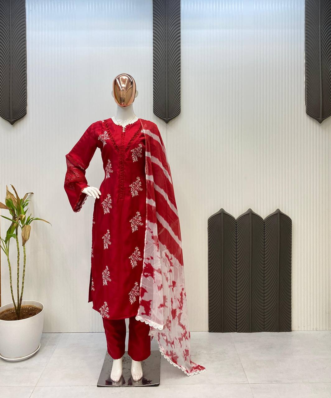 Premium Roman Silk Suit with Silver Chiffon Dupatta