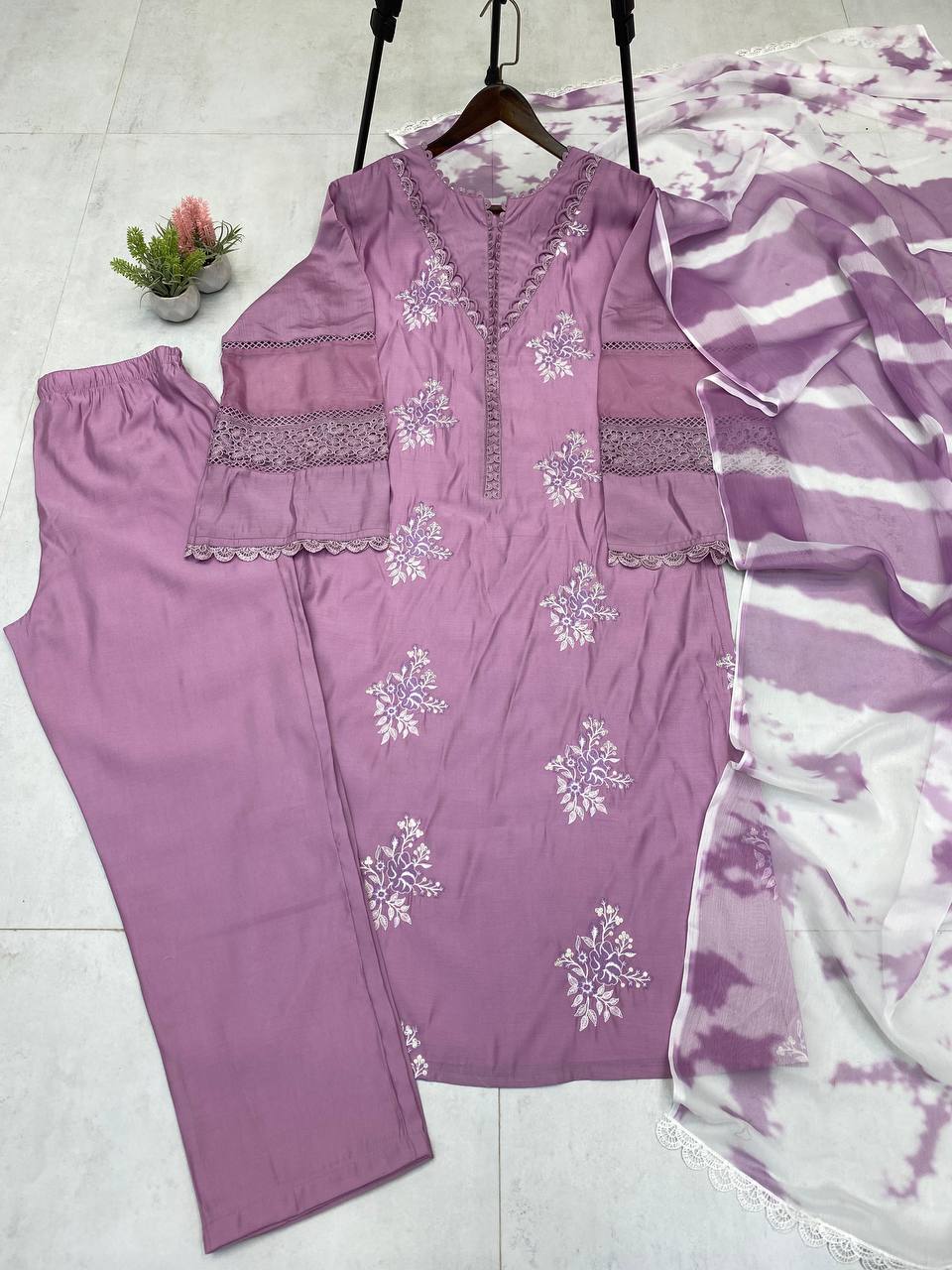 Premium Roman Silk Suit with Silver Chiffon Dupatta