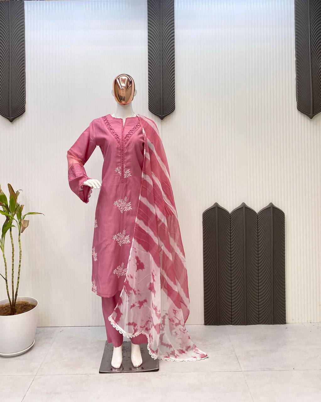 Premium Roman Silk Suit with Silver Chiffon Dupatta