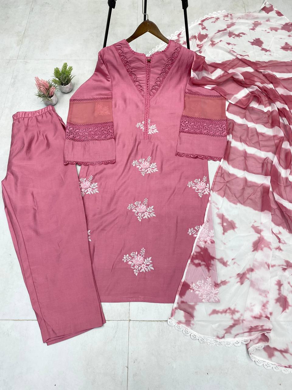 Premium Roman Silk Suit with Silver Chiffon Dupatta