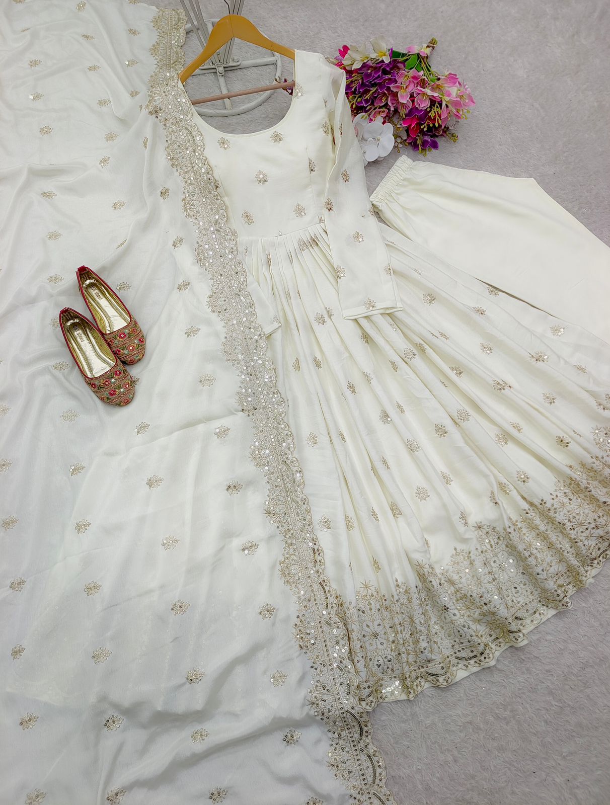 Designer Chinon Silk Gown Pant Dupatta Set | New Festive Collection