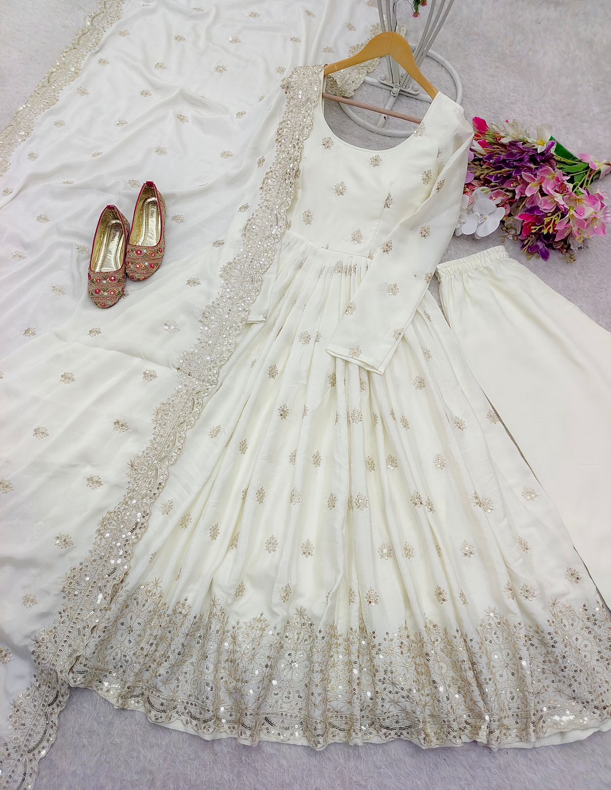 Designer Chinon Silk Gown Pant Dupatta Set | New Festive Collection